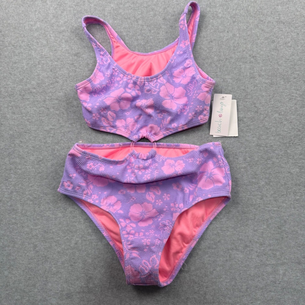 Beach Lingo‎ Swimsuit Girls 10 One Piece Floral Purple Pink Hibiscus O Ring
